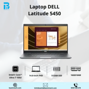 LAPTOP DELL LATITUDE 5450/INTEL CORE ULTRA 7 155U,UP TO 4.8GHZ)/14.0 INCH FHD NON TOUCH/16GB DDR5/512GB SSD/3CELL/WIFI, BLUETOOTH/65W AC ADAPTER/WINDOWS 11 HOME/PROSUPPORT & KYHD - 01Y