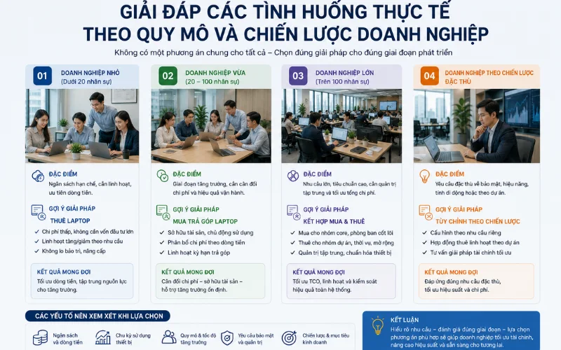 Thuê hay mua laptop cho nhân viên? Mua trả góp có thực sự nhẹ gánh Giải đáp các tình huống thực tế theo quy mô và chiến lược doanh nghiệp