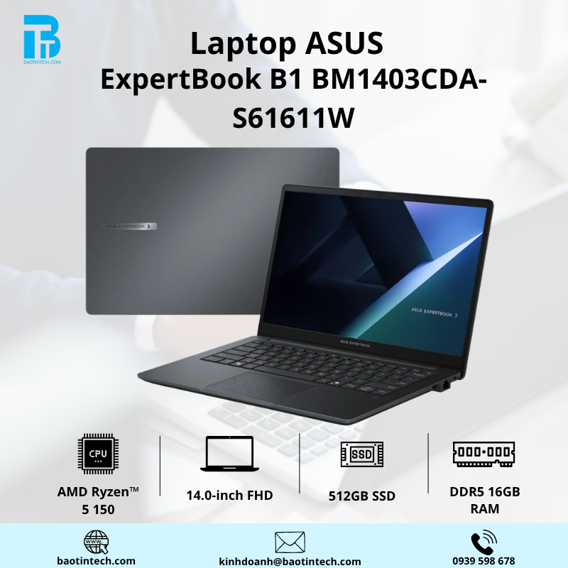 Laptop ASUS ExpertBook BM1 BM1403CDA-S61611W (Ryzen R5 150/16GB DDR5/512GB SSD/14" FHD/Win 11) - Gentle Grey Laptop ASUS ExpertBook BM1 BM1403CDA Ryzen5