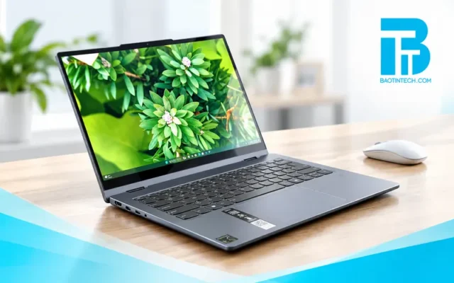 Laptop Lenovo IdeaPad đặt trên bàn làm việc văn phòng hiện đại