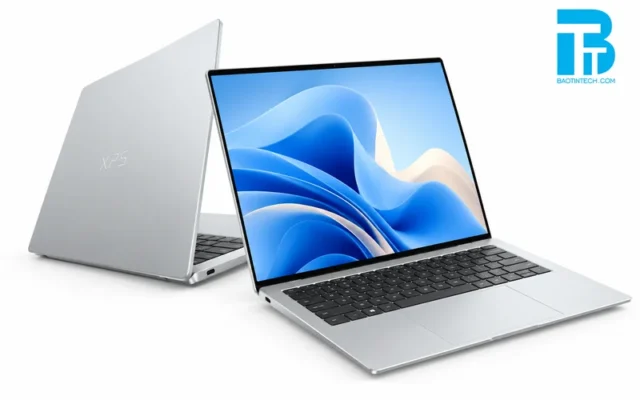 Laptop Dell XPS màu bạc mỏng nhẹ cao cấp nhìn từ hai góc
