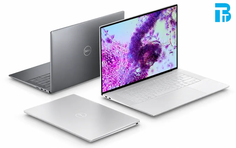 Laptop Dell màu bạc với thiết kế mỏng gọn nhìn từ nhiều góc