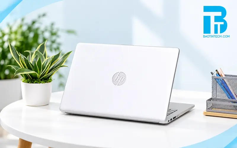 Laptop HP màu bạc có mặt lưng tối giản cho văn phòng