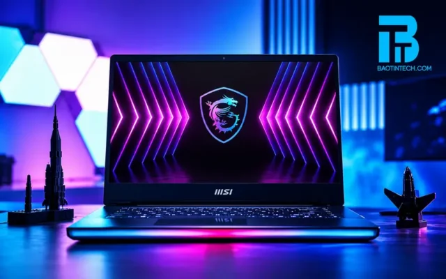 Laptop MSI Gaming màu xanh tím hiển thị đồ họa ấn tượng