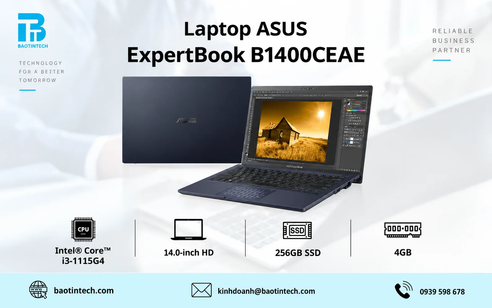 Laptop ASUS ExpertBook B1400CEAE đặt trên bàn làm việc