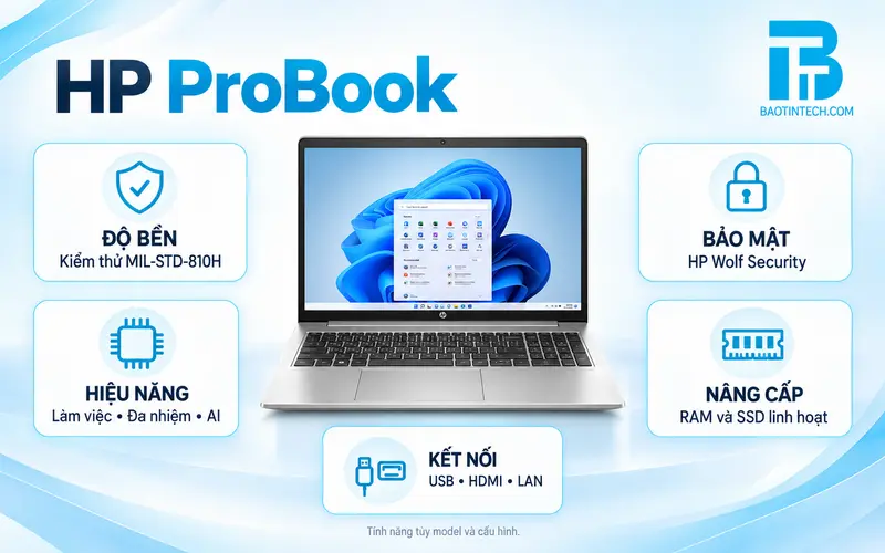 Laptop HP ProBook tổng quan thiết kế mỏng nhẹ cho doanh nghiệp
