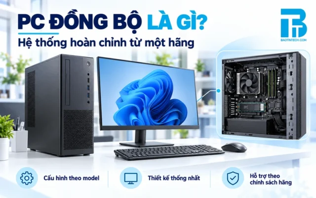 Bộ PC đồng bộ minh họa gồm thùng máy, màn hình, bàn phím, chuột và linh kiện bên trong.
