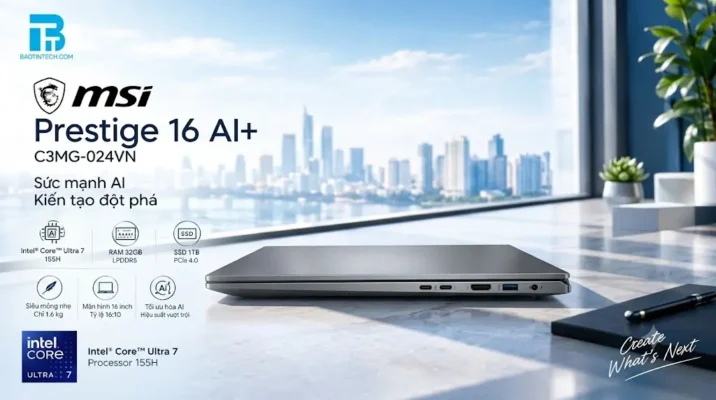 Laptop MSI Prestige 16 AI+ C3MG-024VN thiết kế cạnh bên mỏng nhẹ và cổng kết nối