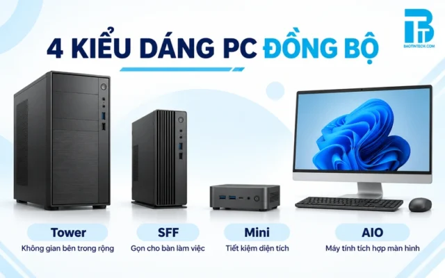 Bốn kiểu dáng PC đồng bộ Tower, SFF, Mini và AIO.
