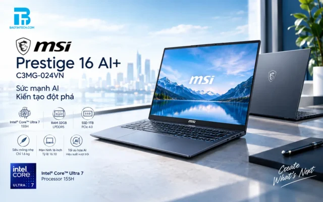 Laptop MSI Prestige 16 AI+ C3MG-024VN chính diện màn hình OLED 16 inch và bàn phím