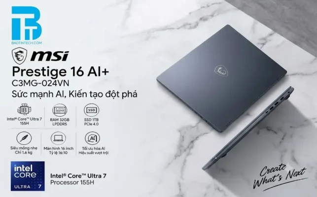 Laptop MSI Prestige 16 AI+ C3MG-024VN mặt lưng hợp kim mỏng nhẹ sang trọng