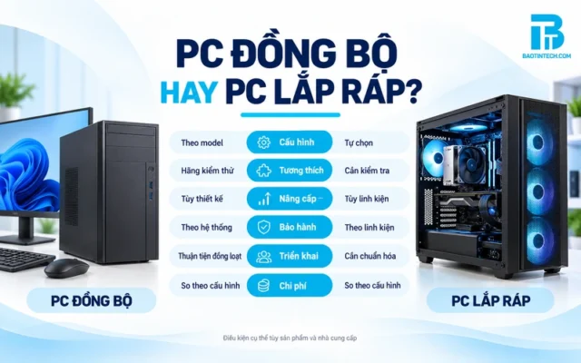 So sánh PC đồng bộ và PC lắp ráp theo sáu tiêu chí lựa chọn.