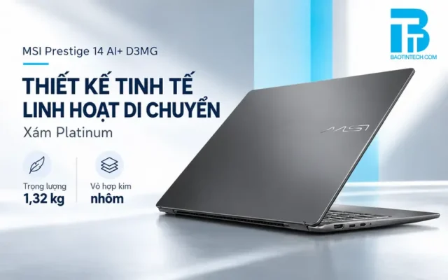Thiết kế màu xám xám Platinum tinh tế của Laptop MSI Prestige 14 AI+ D3MG-022VN
