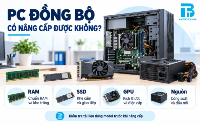 Minh họa RAM, SSD, GPU và bộ nguồn cần kiểm tra khi nâng cấp PC đồng bộ.