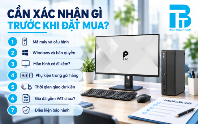 Checklist bảy thông tin cần xác nhận trước khi mua PC đồng bộ.