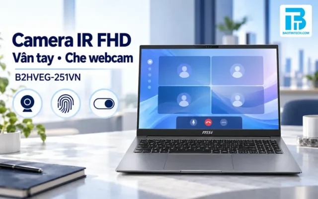 Camera IR FHD, vân tay và lẫy che webcam của MSI PrestigePro 16 AI B2HVEG-251VN.