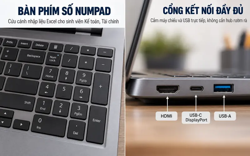 Bàn phím số phụ Numpad và các cổng kết nối cần thiết trên laptop sinh viên