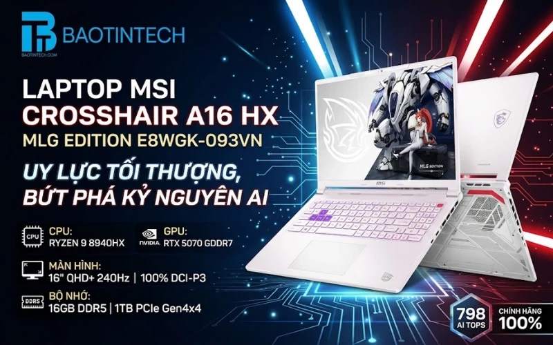 Tổng quan thiết kế Laptop MSI Crosshair A16 HX MLG Edition E8WGK-093VN màu trắng sang trọng