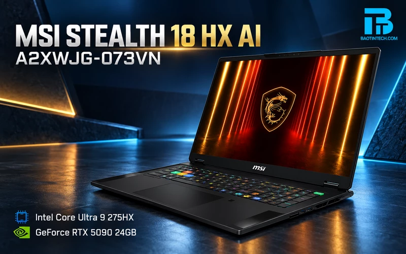 Tổng quan thiết kế vỏ kim loại sang trọng của Laptop MSI Gaming Stealth 18 HX AI A2XWJG-073VN