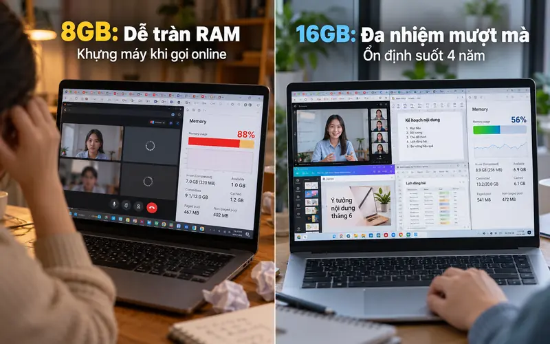 So sánh laptop 8GB RAM và 16GB RAM cho sinh viên